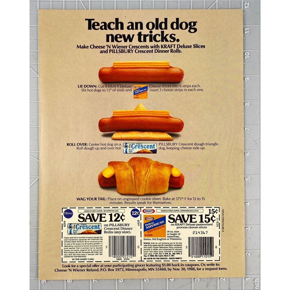 Kraft Deluxe American Chess/Pillsbury Cresent Rolls Teach Old Dog Print Ad 1986